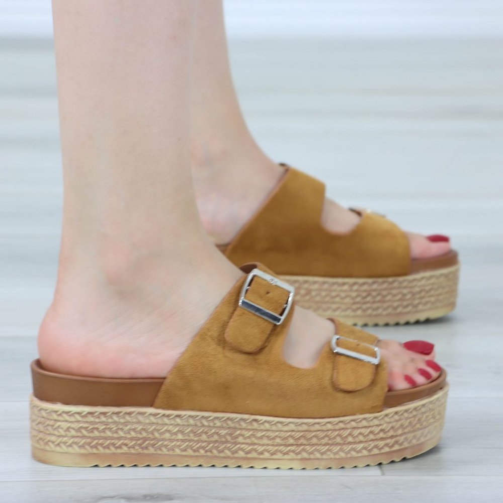 Suede Tan Double Straps Comfort Platform Sandal Slip On Sliders - Picture 3 of 13